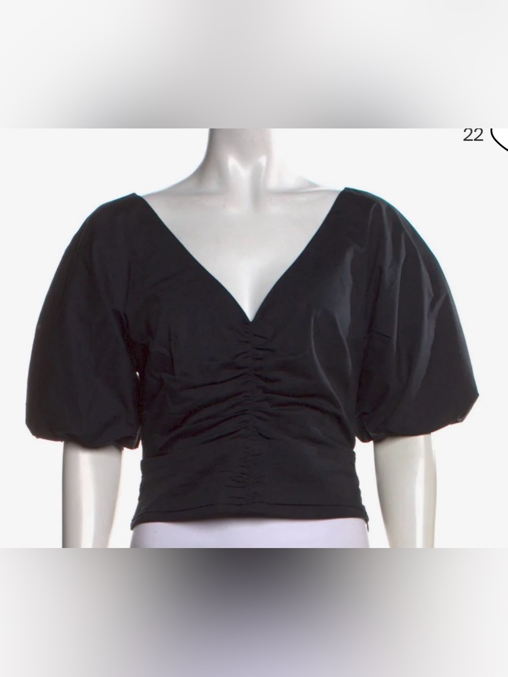 STAUD Black V-Neck Ruched Puff-Sleeve Top